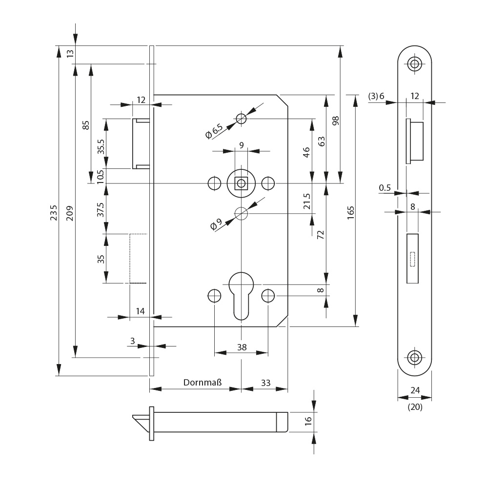 BKS Panikschloss B-1201 Mit Umschaltfunktion - 65mm Dornmaß DIN Rechts
