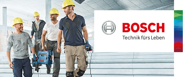 Bosch Logo und Handwerker mit Bosch Professional Geräten